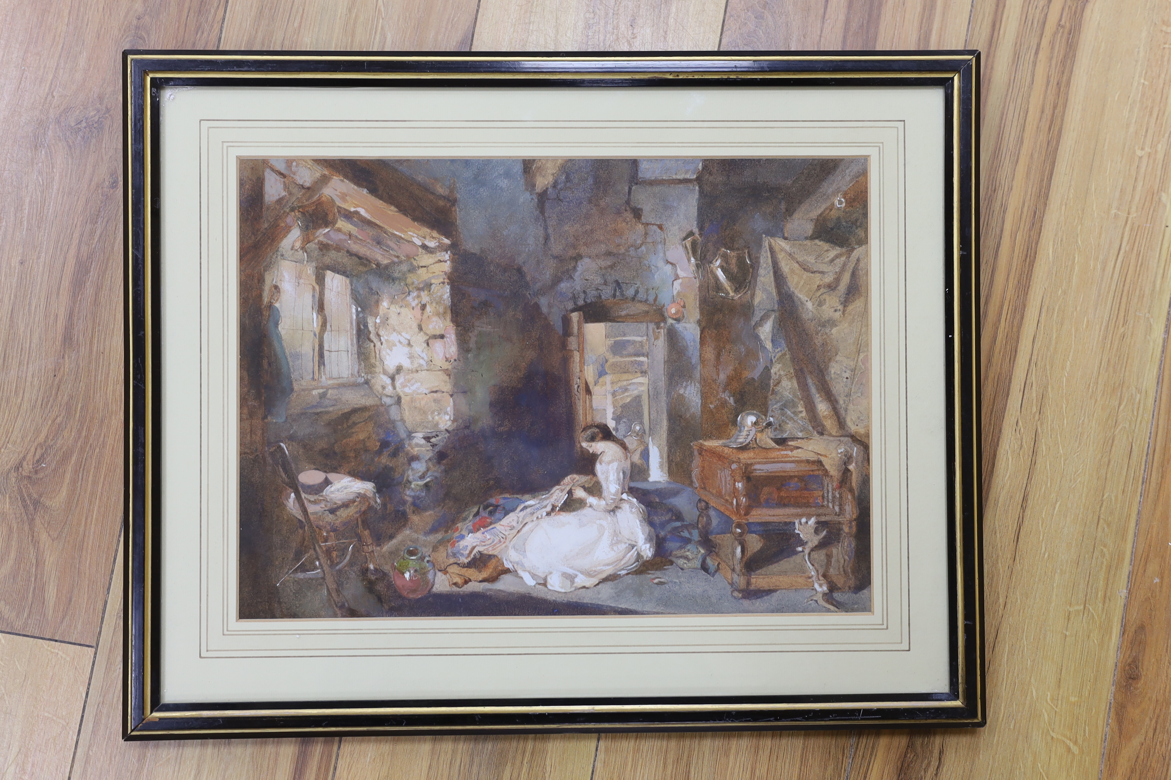 19th century English School, watercolour, Swiss cottage interior with a seated girl repairing a rug, unsigned, 28 x 39cm